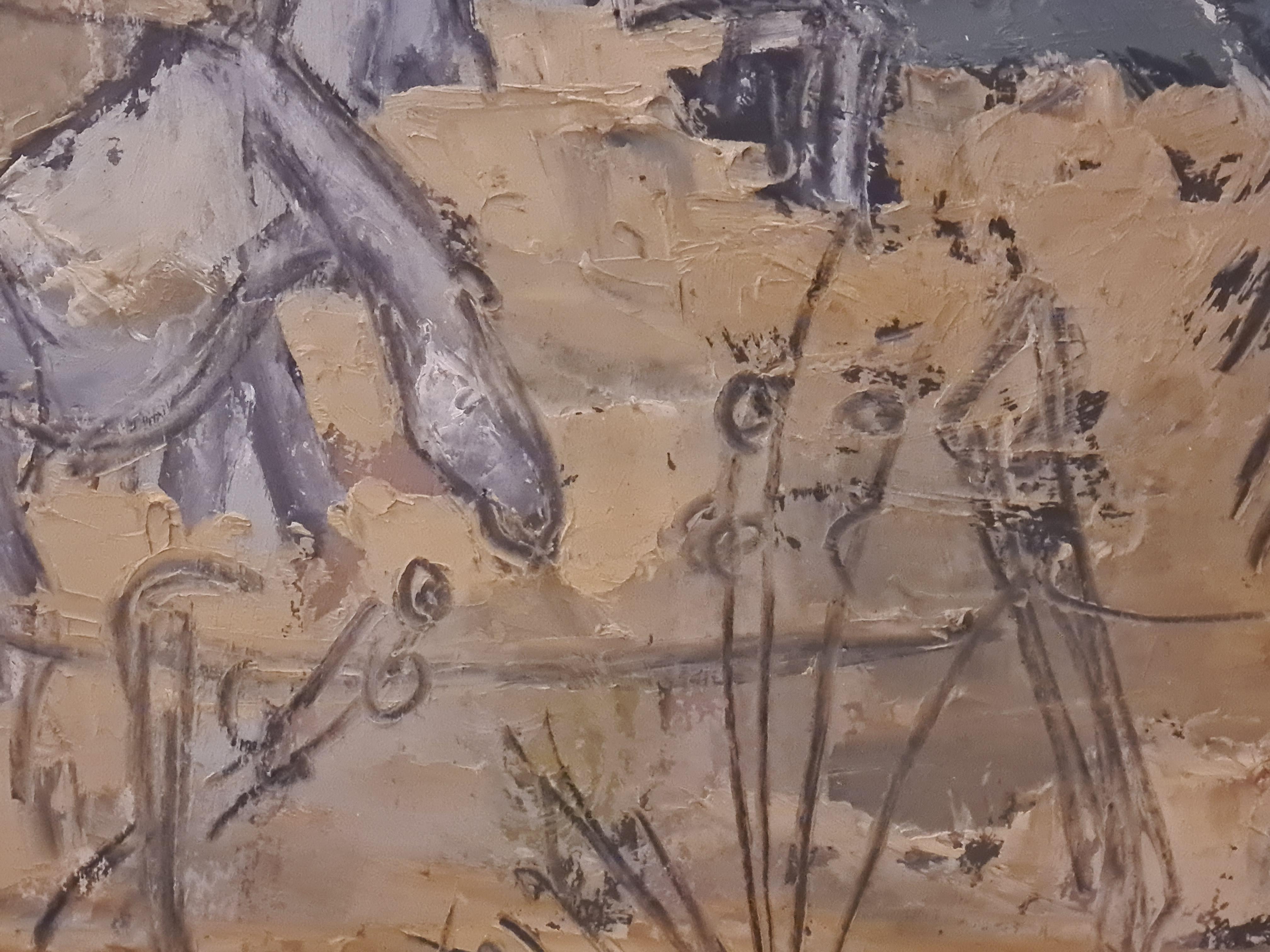 Olio su cartoncino della metà del XX secolo Veduta in campo di cavalli in un paesaggio a Cacherle-St Marie de la Mer nella Camargue. Il dipinto è firmato Ch Bonnefoi e datato in basso a destra ed è presentato in una cornice semplice in legno dorato.