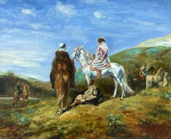 Cavaliers on Horseback Moroccan Desert Oasis, signed French oil painting