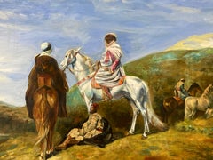 Cavaliers on Horseback Moroccan Desert Oasis, signed French oil painting