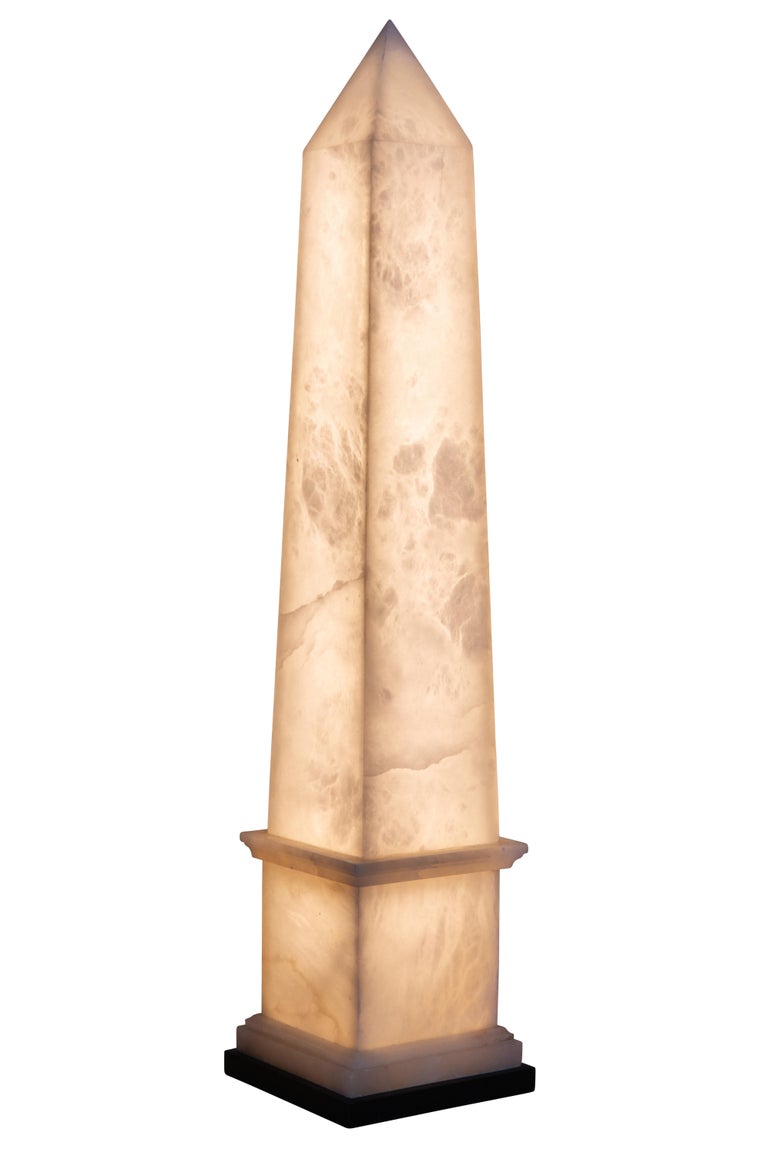 Carved Christian Caudron, Contemporary Obelisk Lamp, White Alabaster, Marble Base For Sale