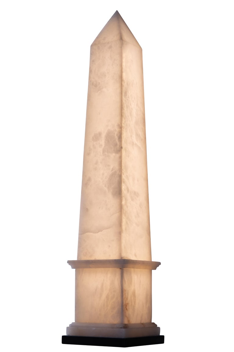 Christian Caudron, Contemporary Obelisk Lamp, White Alabaster, Marble Base For Sale 2