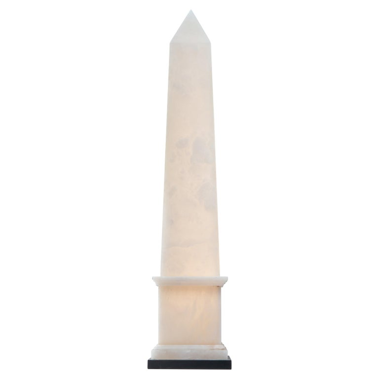 Christian Caudron, Contemporary Obelisk Lamp, White Alabaster, Marble Base For Sale