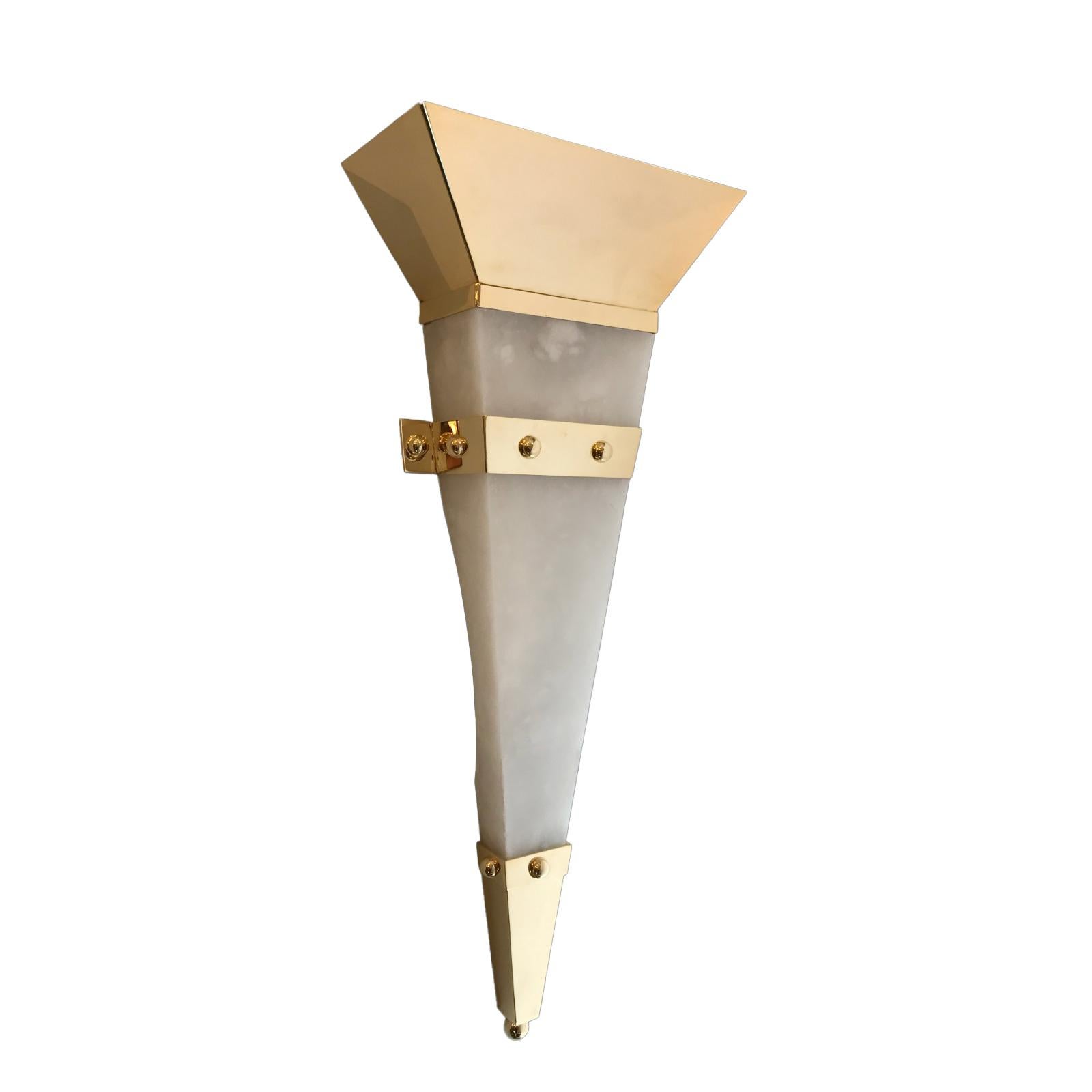 Carved Christian Caudron, Contemporary Sconce, Alabaster, Brass, Gilded with Fine Gold For Sale