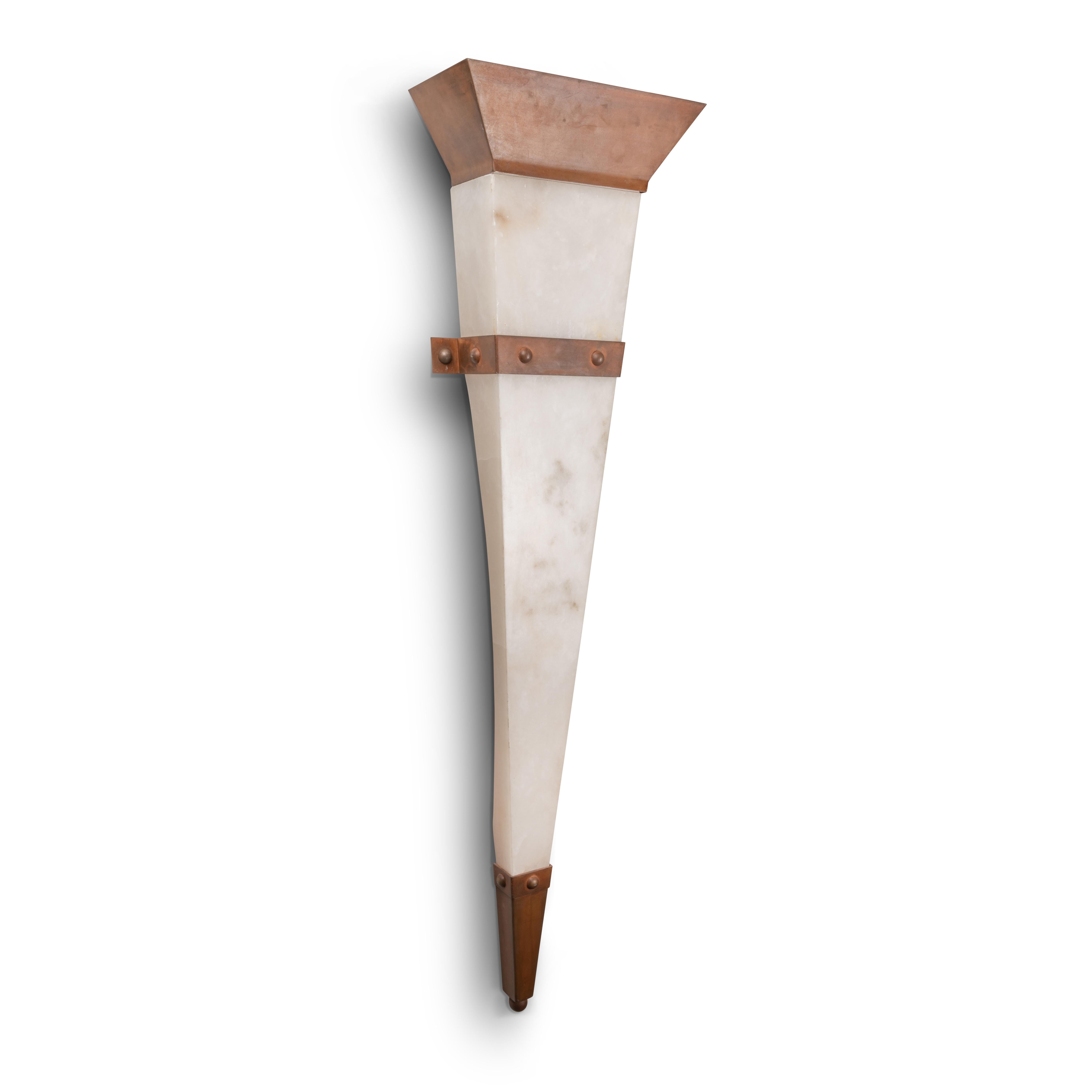 French Christian Caudron, Large Contemporary Sconce, Alabaster, Fixings in Corten Steel For Sale