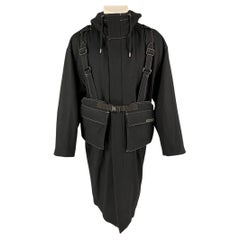 CHRISTIAN DADA Size 38 Black Contrast Stitch Wool Hooded Chest Bag Melton Coat