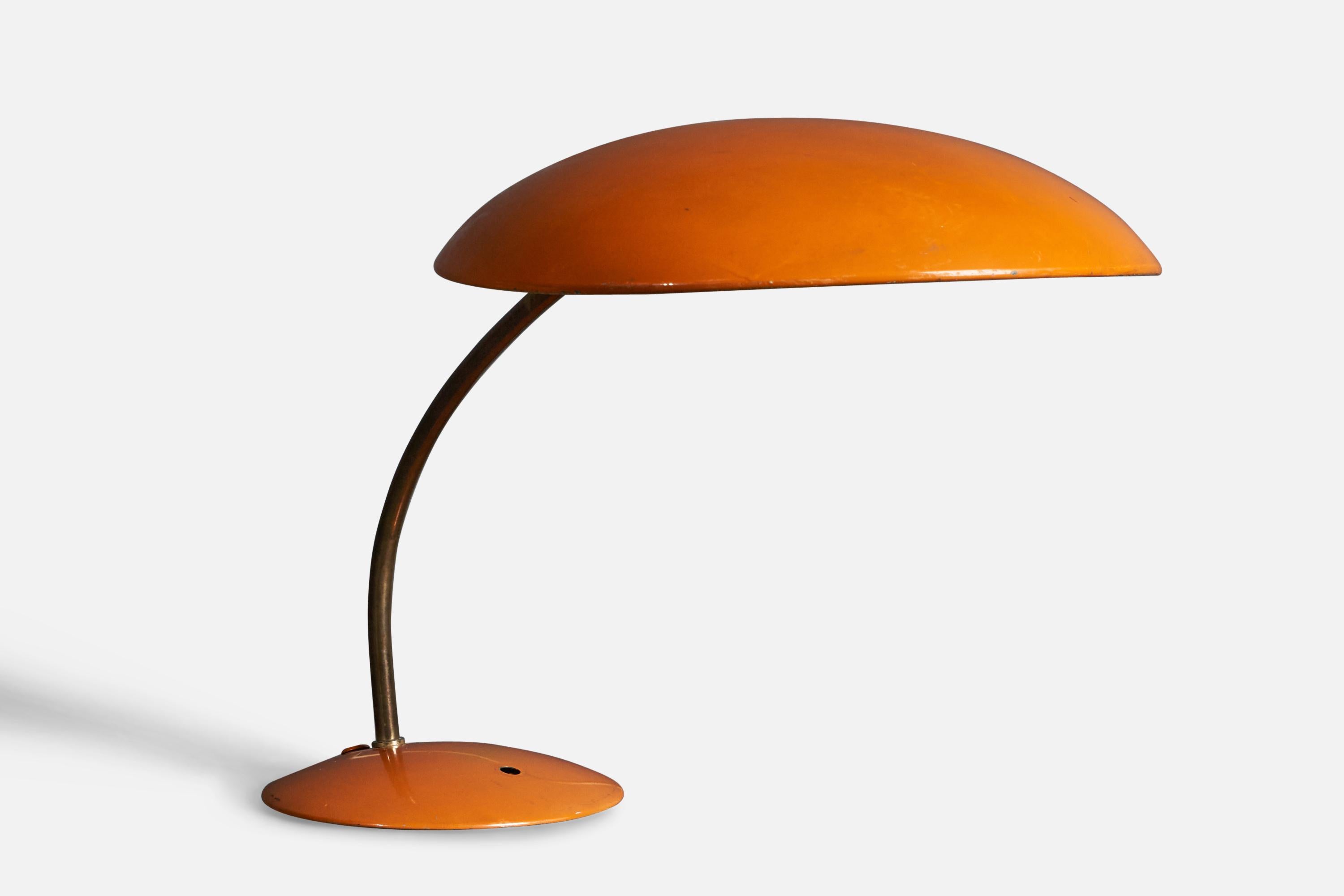 Christian Dell, Table Lamp, Brass, Orange-Lacquered Metal, Germany, 1950s In Fair Condition For Sale In High Point, NC