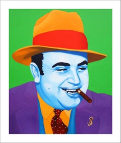 Al Carpone...portrait of celebrity with cigar vibrant colors green blue pop art