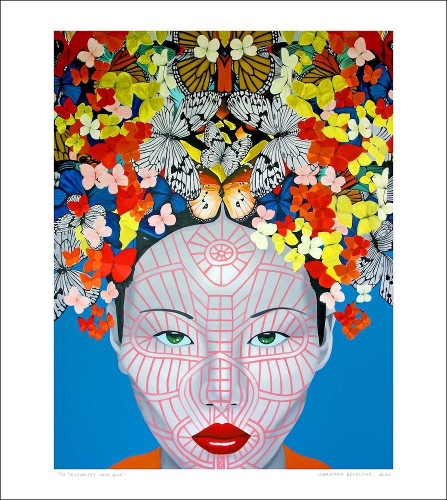 Christian Develter Portrait Print - Butterfly Chin Blue..Asian woman face with vibrant colours butterfly pop art