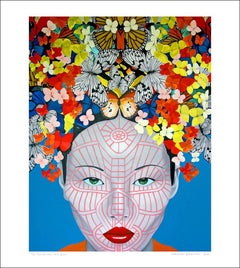 Butterfly Chin Blue..Asian woman face with vibrant colours butterfly pop art