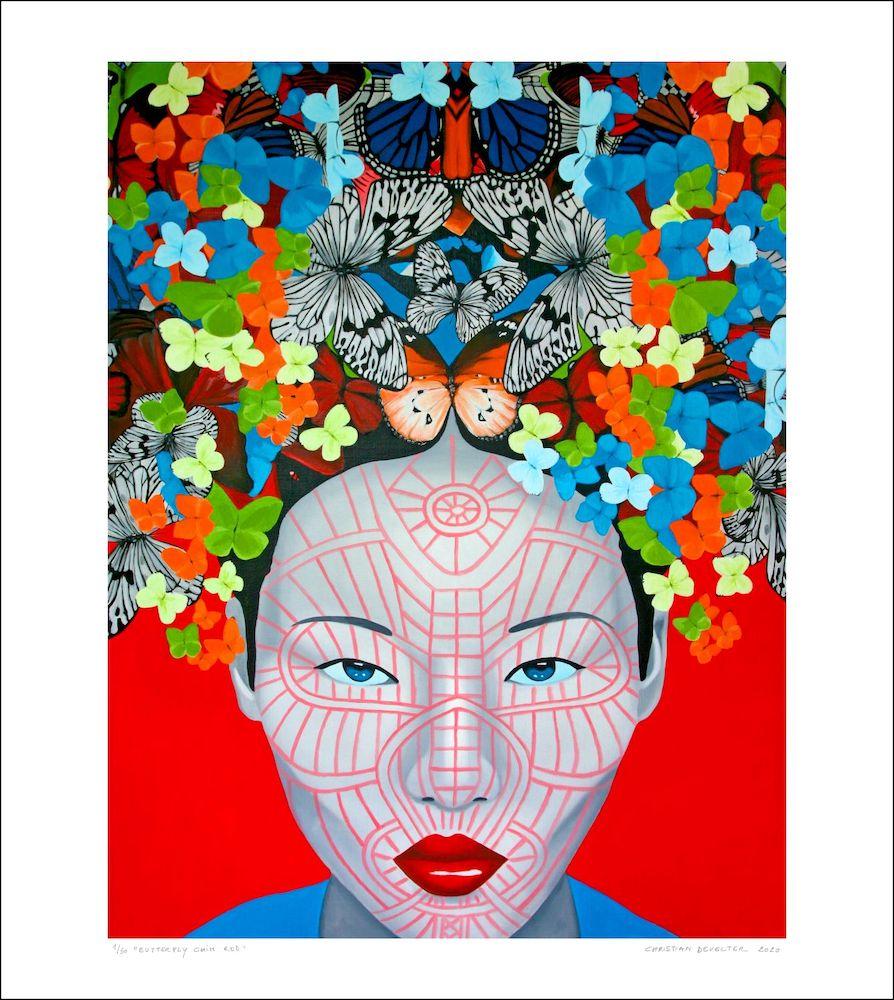 Christian Develter Portrait Print - Butterfly Chin Red..Asian woman face with vibrant colours butterfly pop art
