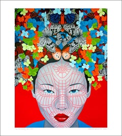 Butterfly Chin Red..Asian woman face with vibrant colours butterfly pop art