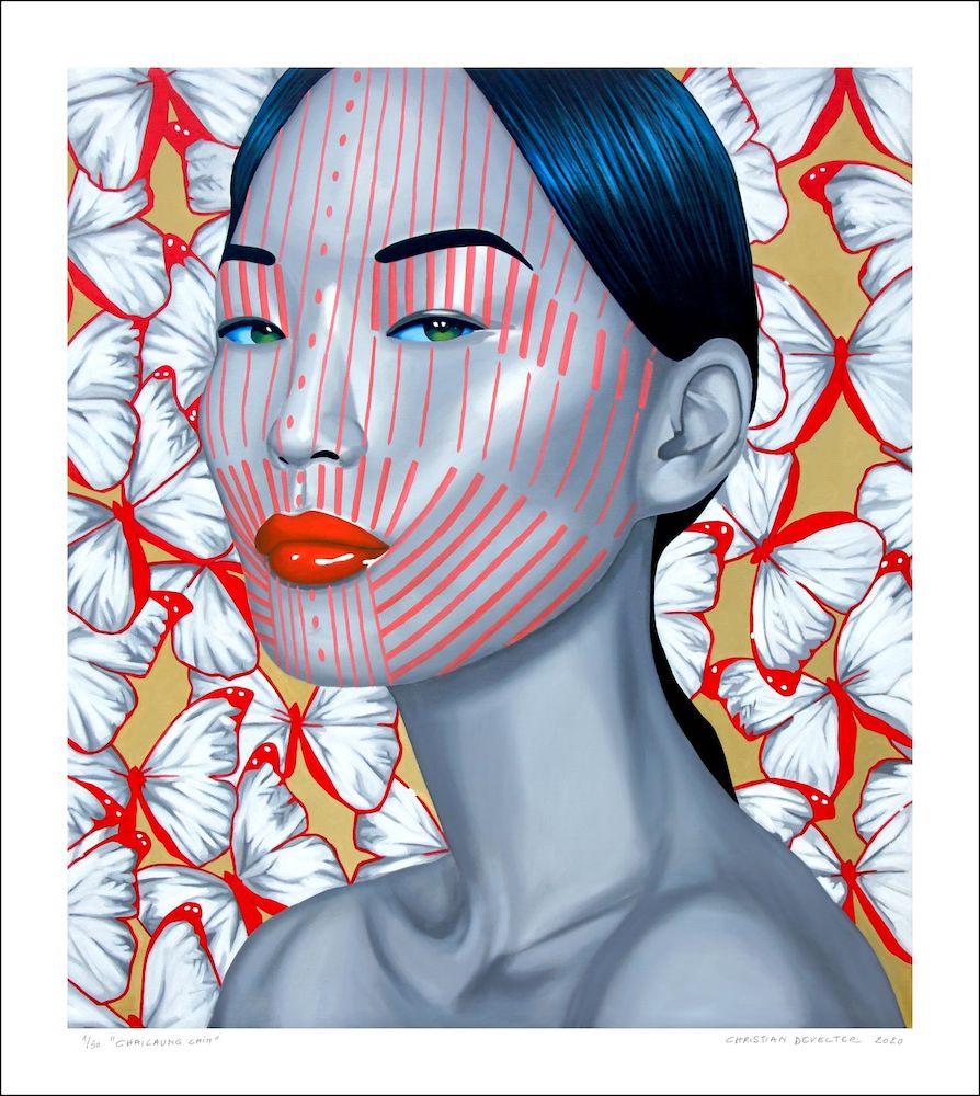 Christian Develter Portrait Print - Chailaung Chin...Asian woman face with vibrant colours butterfly red pop art
