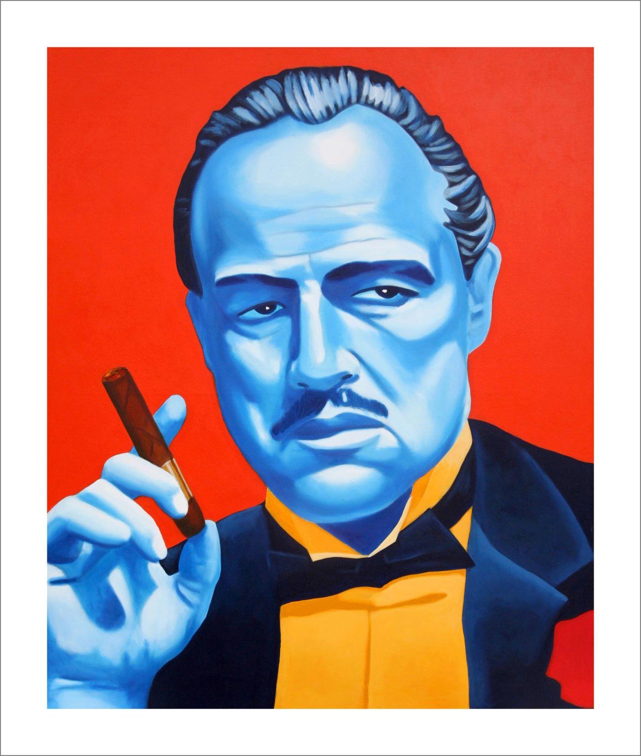 Christian Develter Portrait Print - Corleone...portrait of celebrity with cigar vibrant colors red orange pop art