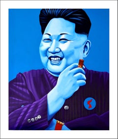 Kim Jong...portrait of celebrity with cigar vibrant colors blue purple pop art