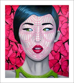 Ko Ko Chin...vibrant Asian woman face in pink pop art inspired by tribal culture