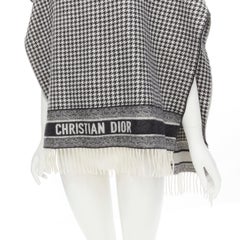 CHRISTIAN DIOR 100% cashmere black white houndstooth fringe poncho cape scarf