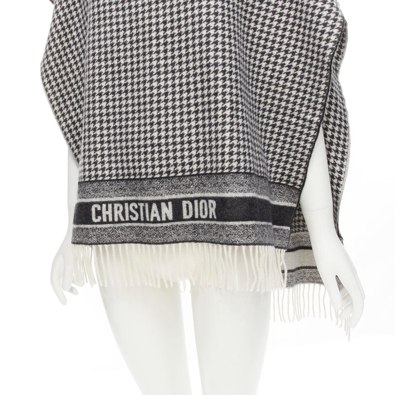 CHRISTIAN DIOR 100% cashmere black white houndstooth fringe poncho cape  scarf For Sale at 1stDibs
