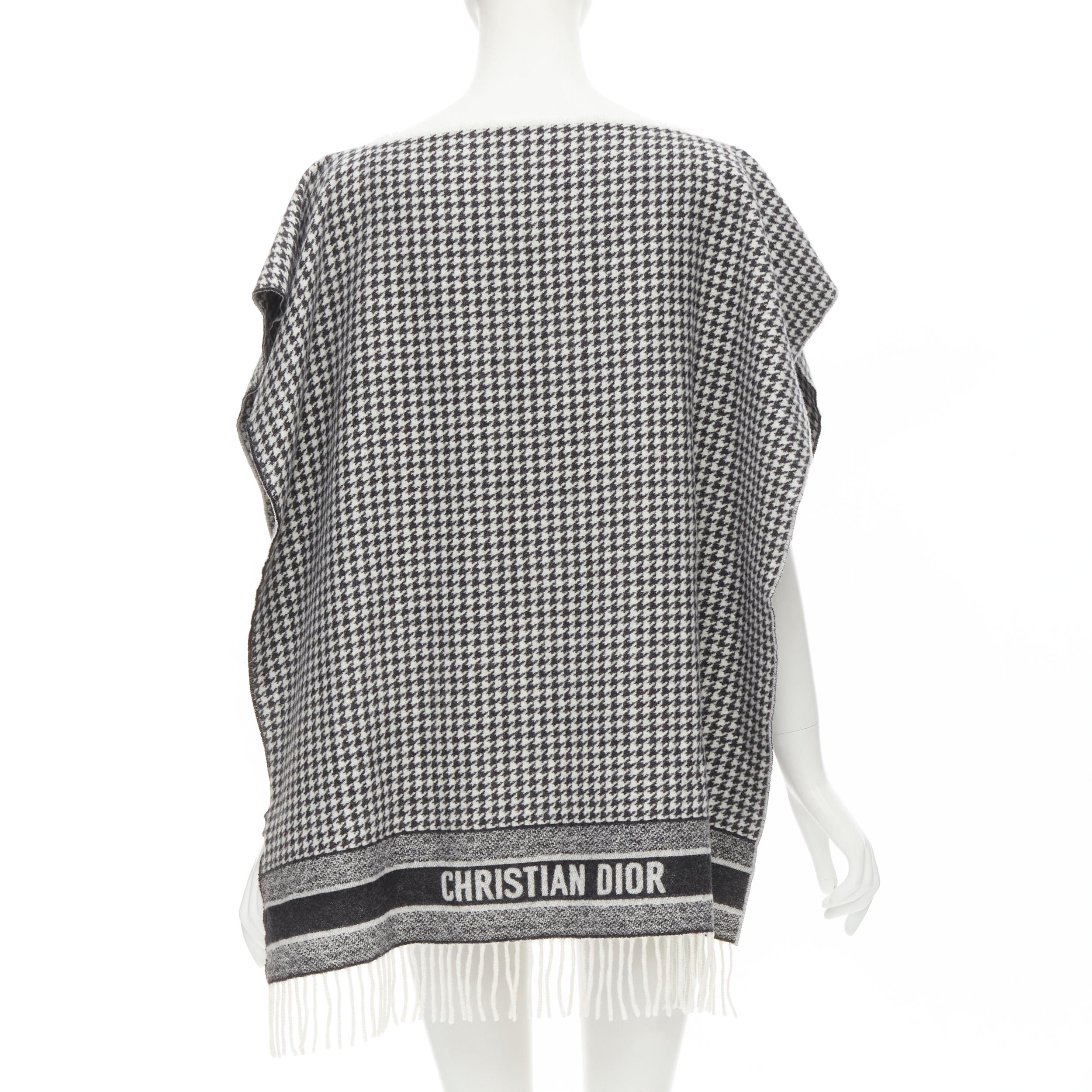 Women's CHRISTIAN DIOR 100% cashmere black white houndstooth fringe poncho cape scarf