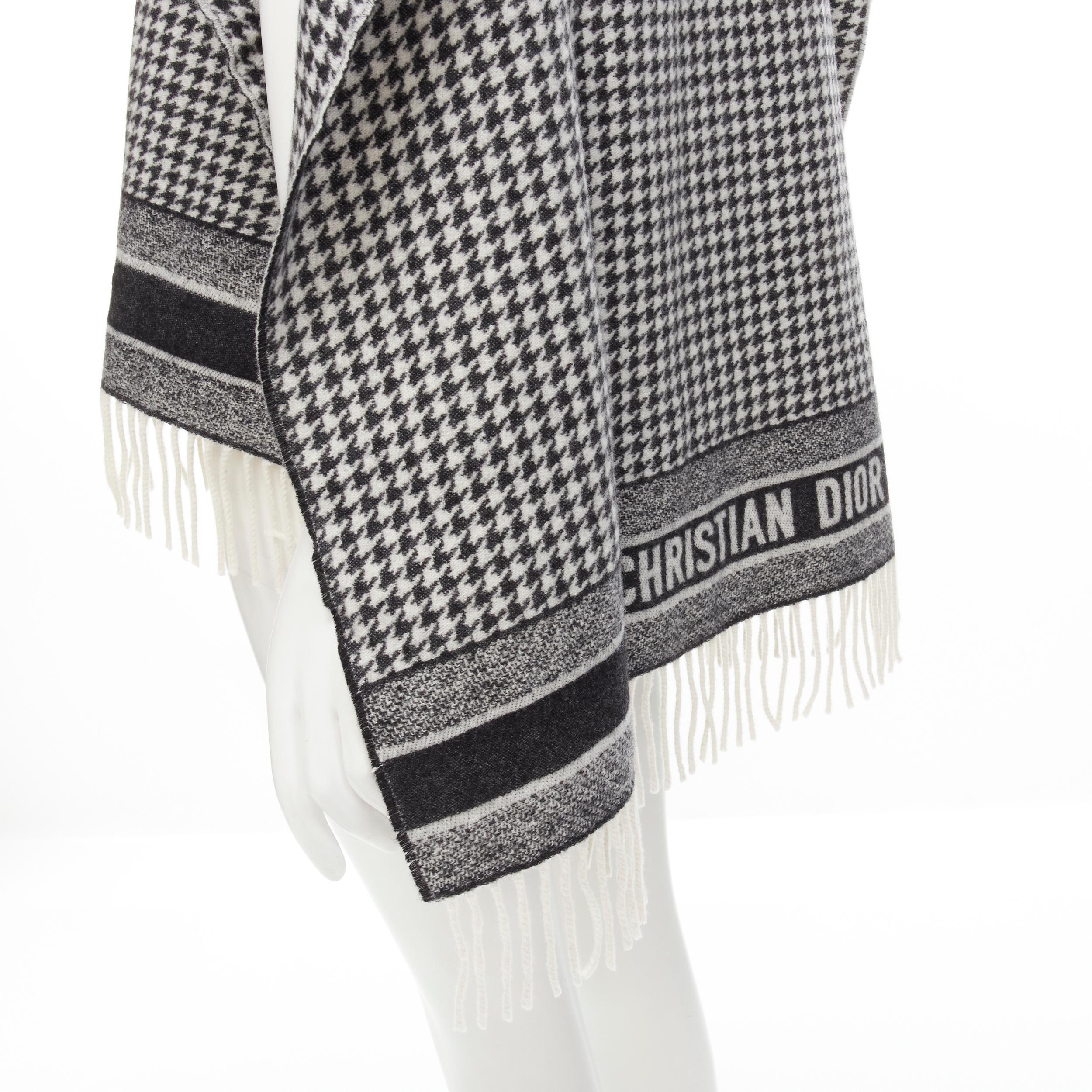 CHRISTIAN DIOR 100% cashmere black white houndstooth fringe poncho cape scarf 3