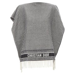 CHRISTIAN DIOR 100% cashmere black white houndstooth fringe poncho cape scarf