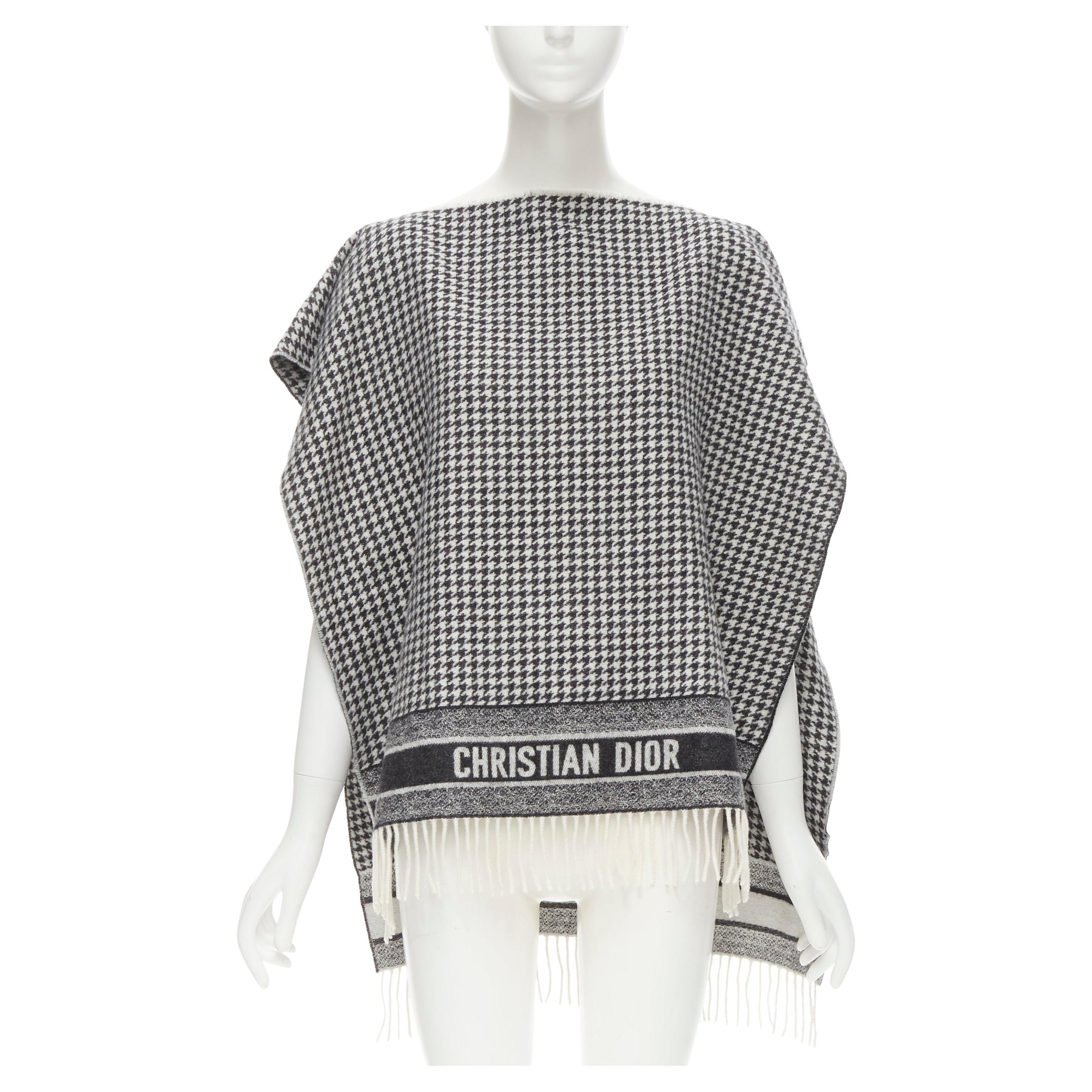 CHRISTIAN DIOR 100% cashmere black white houndstooth fringe poncho cape  scarf at 1stDibs