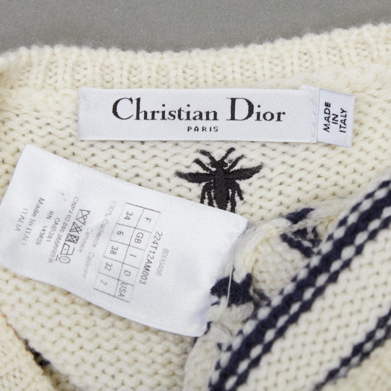 CHRISTIAN DIOR 100% cashmere cream black striped CD bee cropped