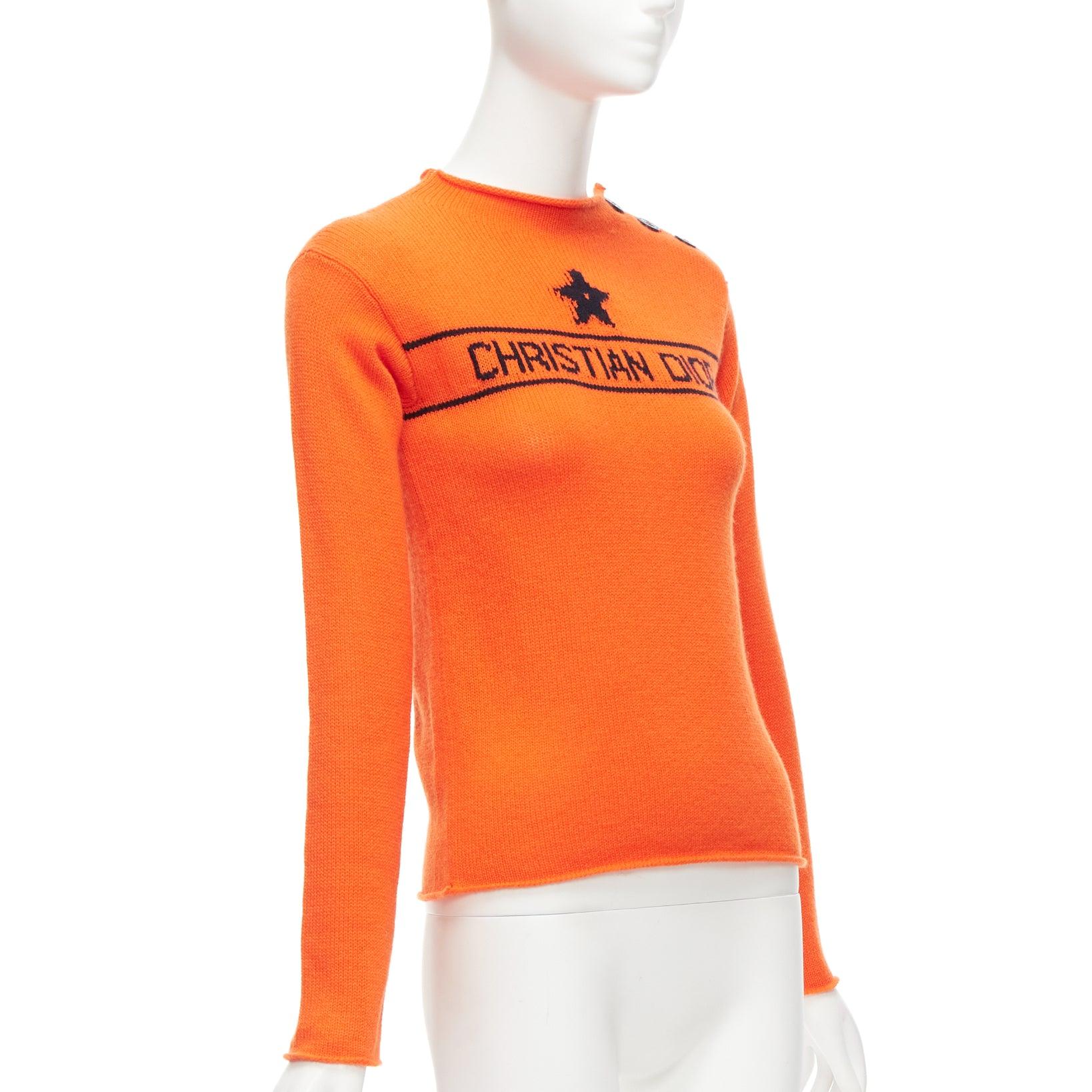 Orange CHRISTIAN DIOR 100% cashmere orange star logo long sleeve button sweater FR For Sale