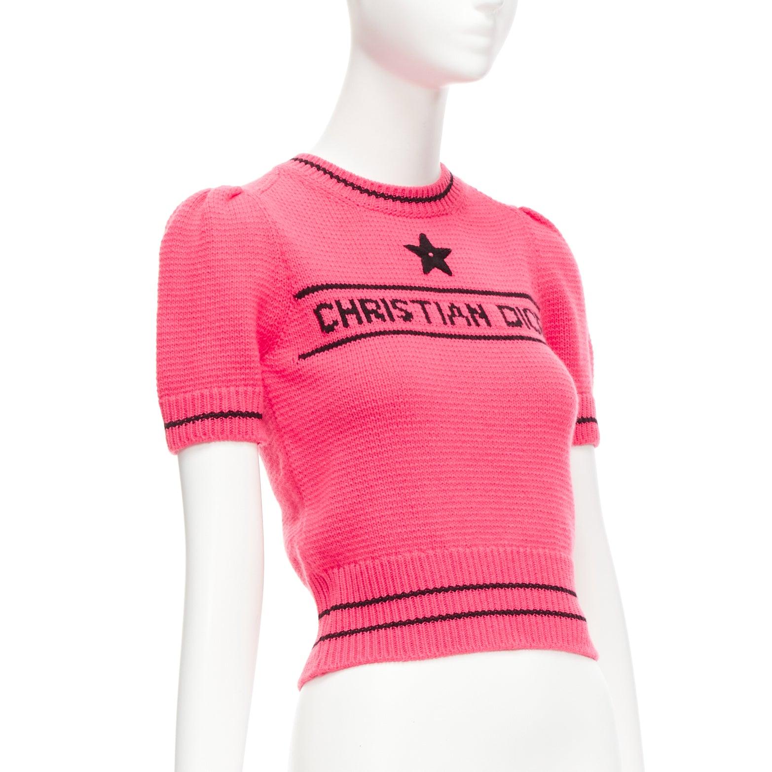 Pink CHRISTIAN DIOR 100% cashmere pink black logo puff sleeve crop sweater FR34 For Sale