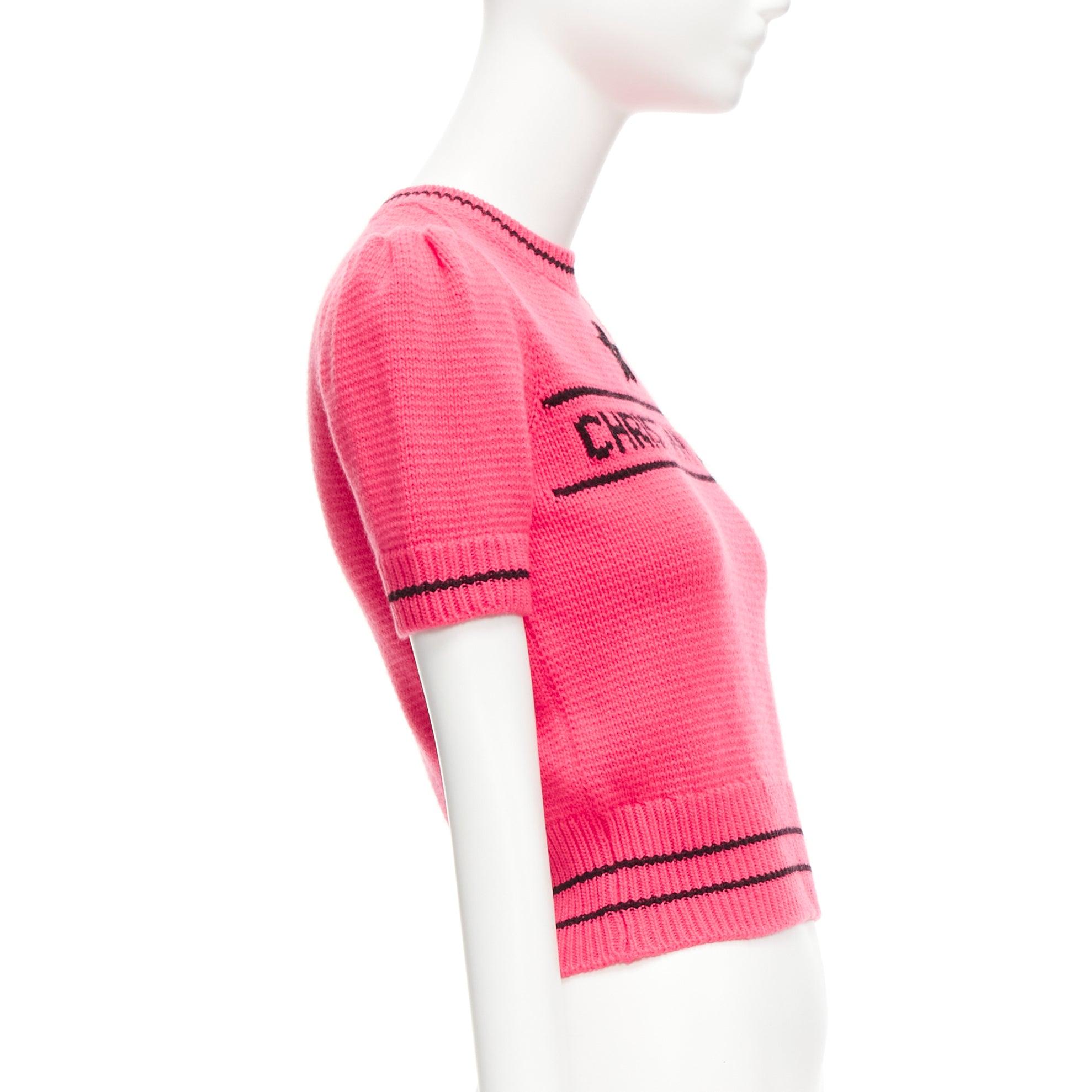 CHRISTIAN DIOR 100% cashmere pink black logo puff sleeve crop sweater FR34 In Excellent Condition For Sale In Hong Kong, NT