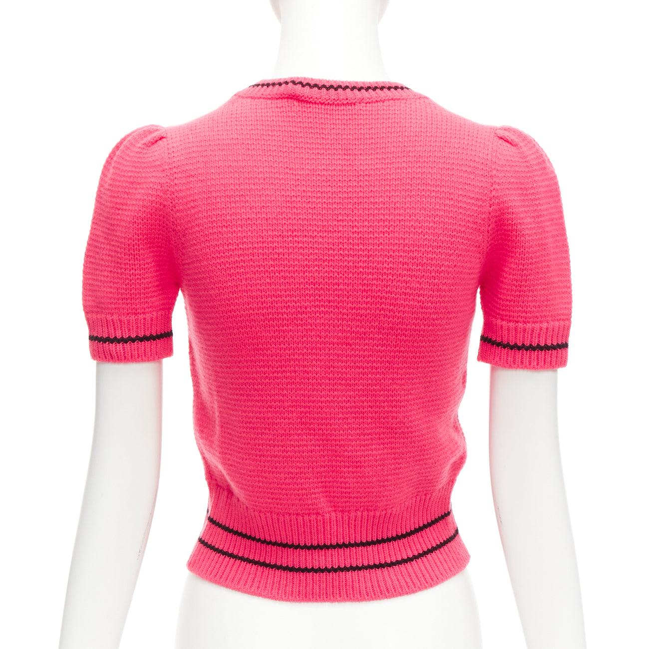 Women's CHRISTIAN DIOR 100% cashmere pink black logo puff sleeve crop sweater FR34 For Sale