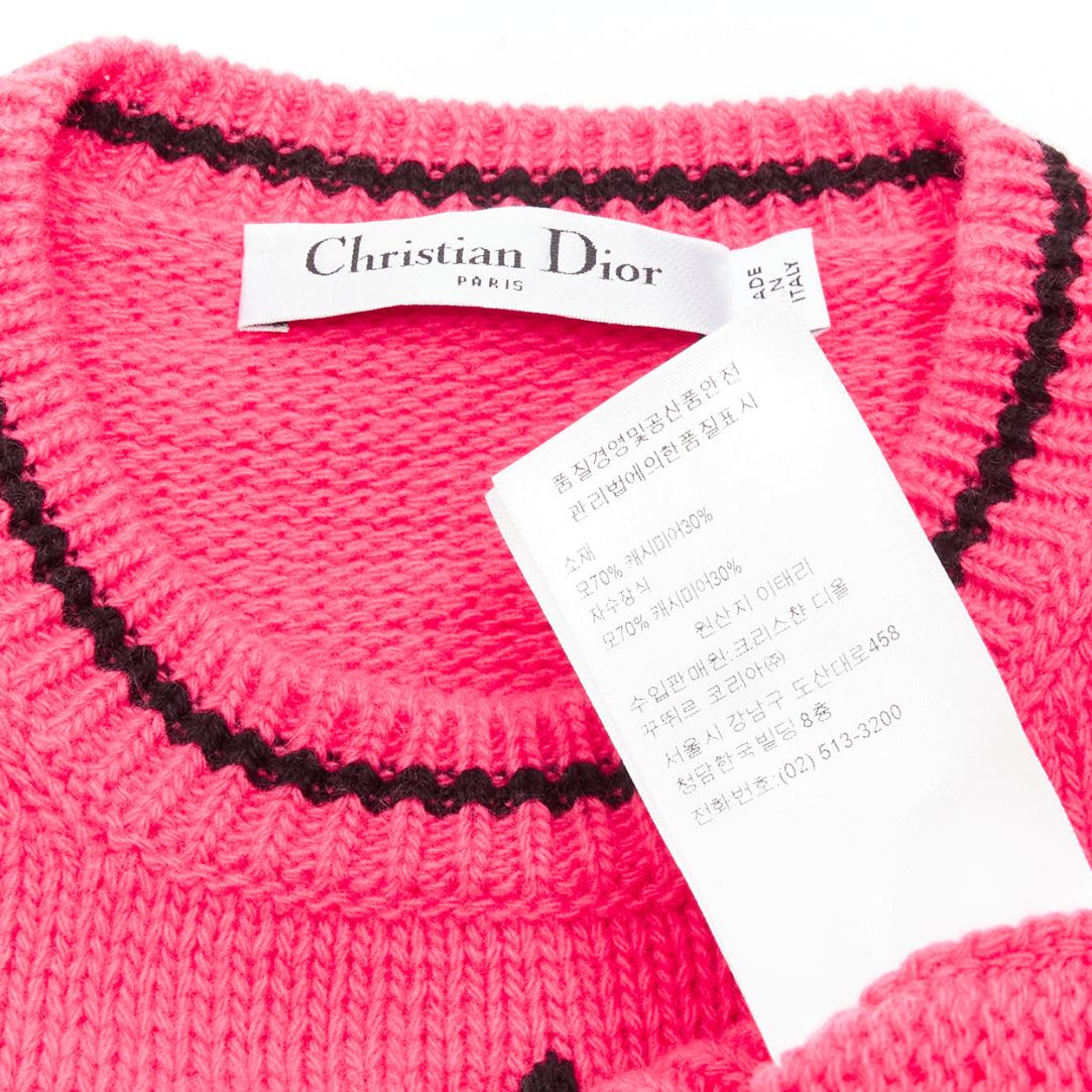 CHRISTIAN DIOR 100% cashmere pink black logo puff sleeve crop sweater FR34 For Sale 3