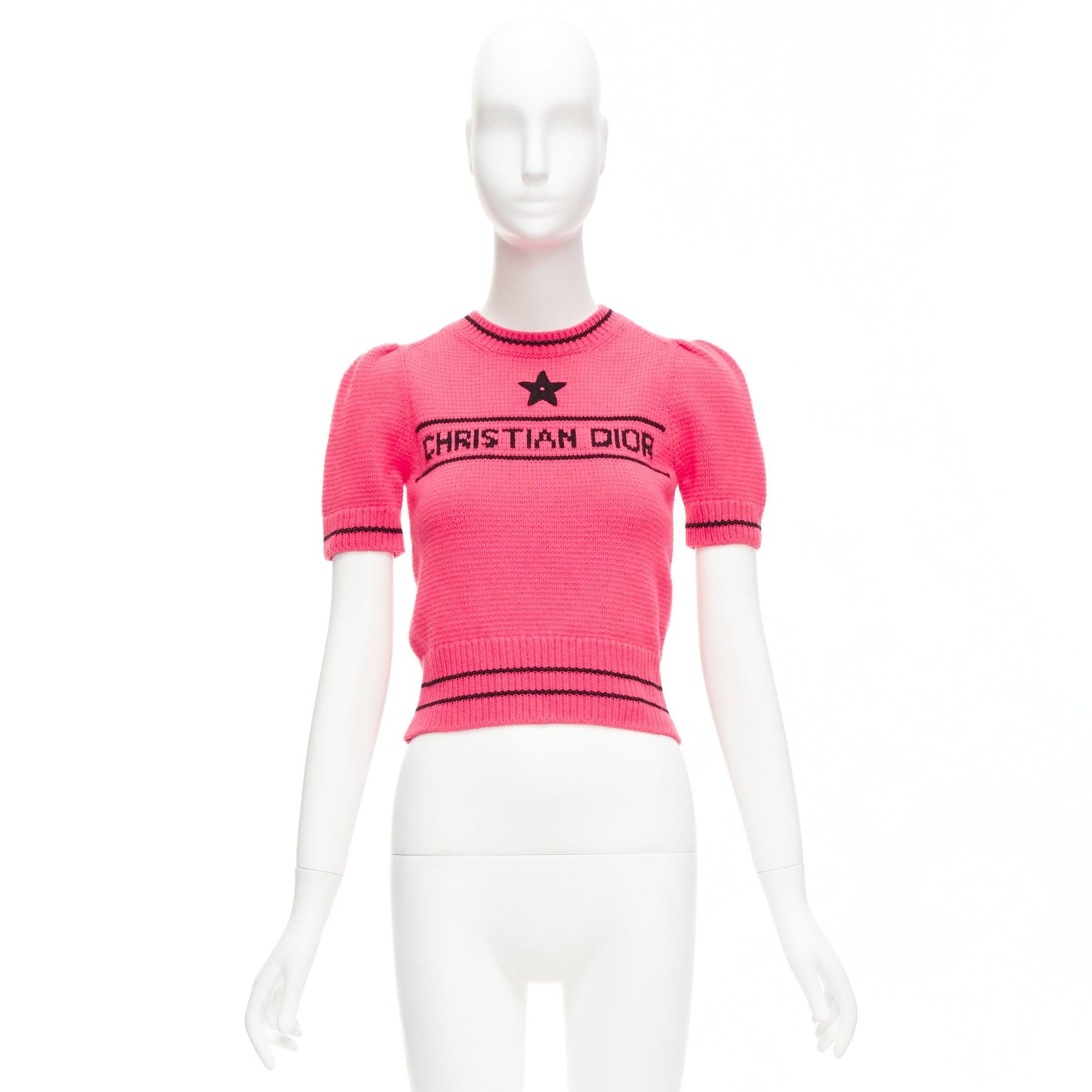 CHRISTIAN DIOR 100% cashmere pink black logo puff sleeve crop sweater FR34 For Sale 4