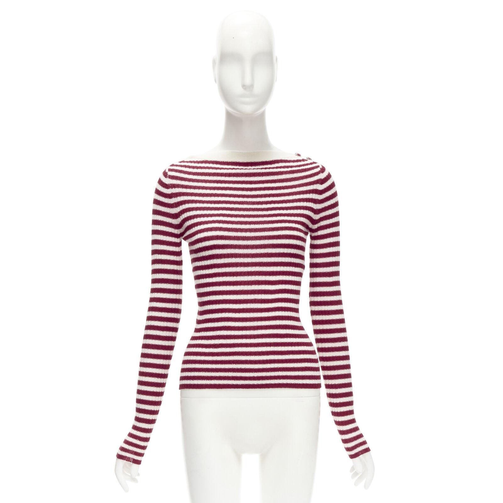 CHRISTIAN DIOR 100% cashmere white red striped boat neck CD button top FR34 XS 5
