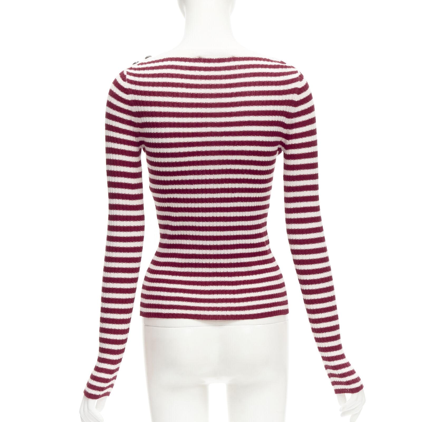 Women's CHRISTIAN DIOR 100% cashmere white red striped boat neck CD button top FR34 XS