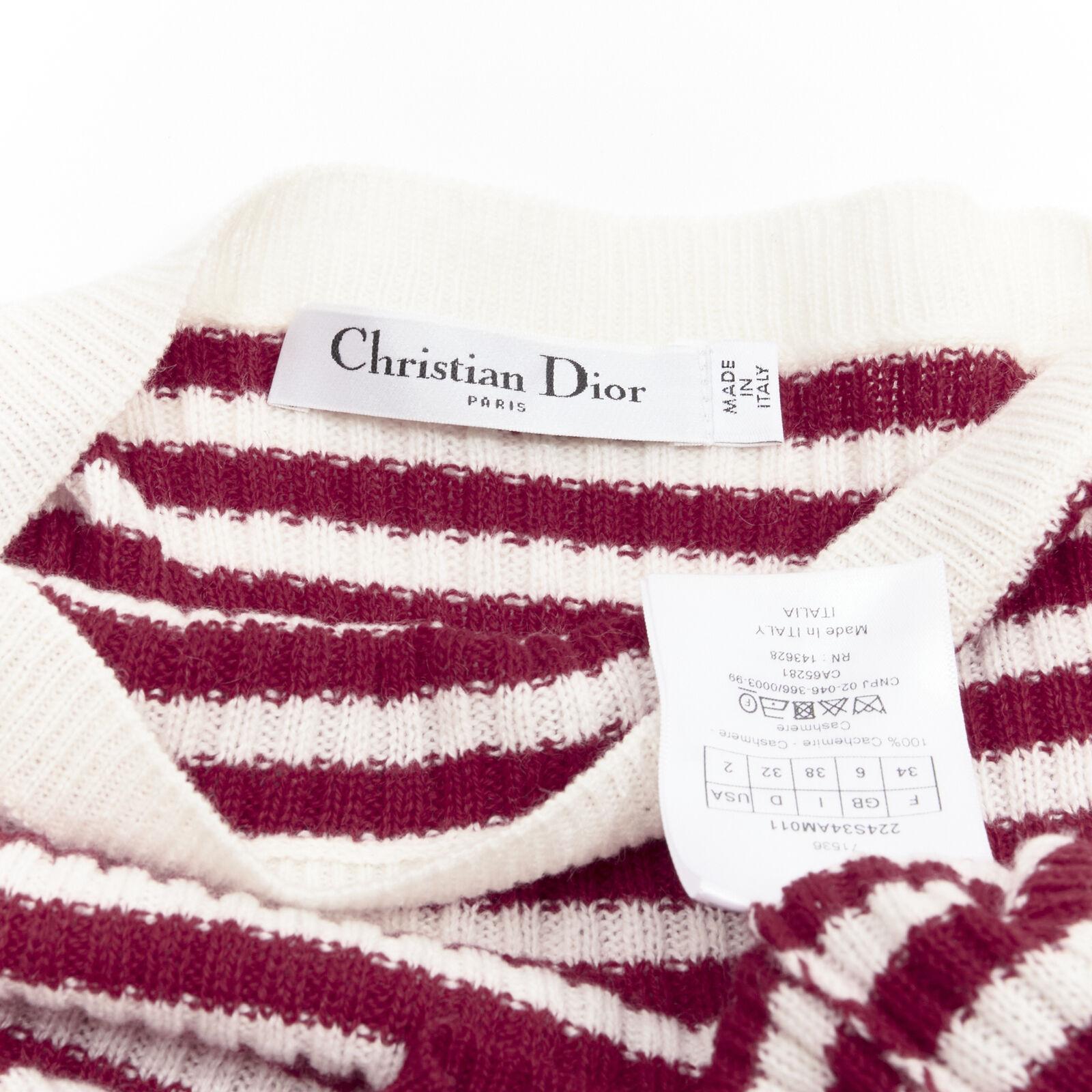 CHRISTIAN DIOR 100% cashmere white red striped boat neck CD button top FR34 XS 4