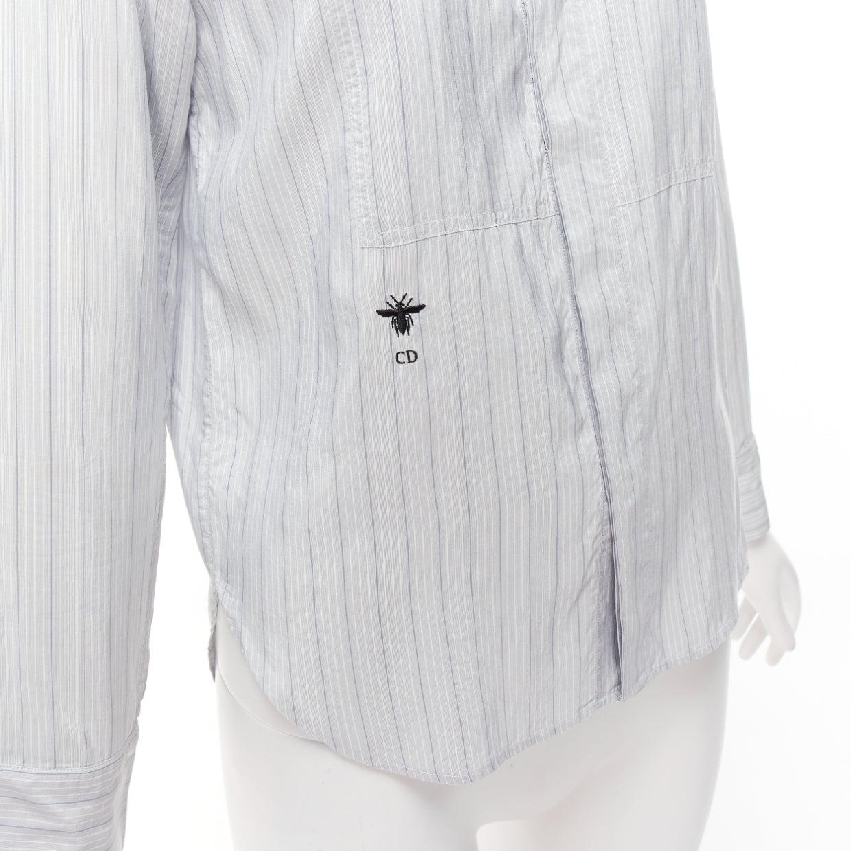 CHRISTIAN DIOR 100% silk blue pinstripe black CD bee logo bishop shirt FR34 XS In Excellent Condition In Hong Kong, NT