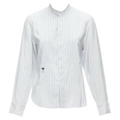 CHRISTIAN DIOR 100% silk blue pinstripe black CD bee logo bishop shirt FR34 XS