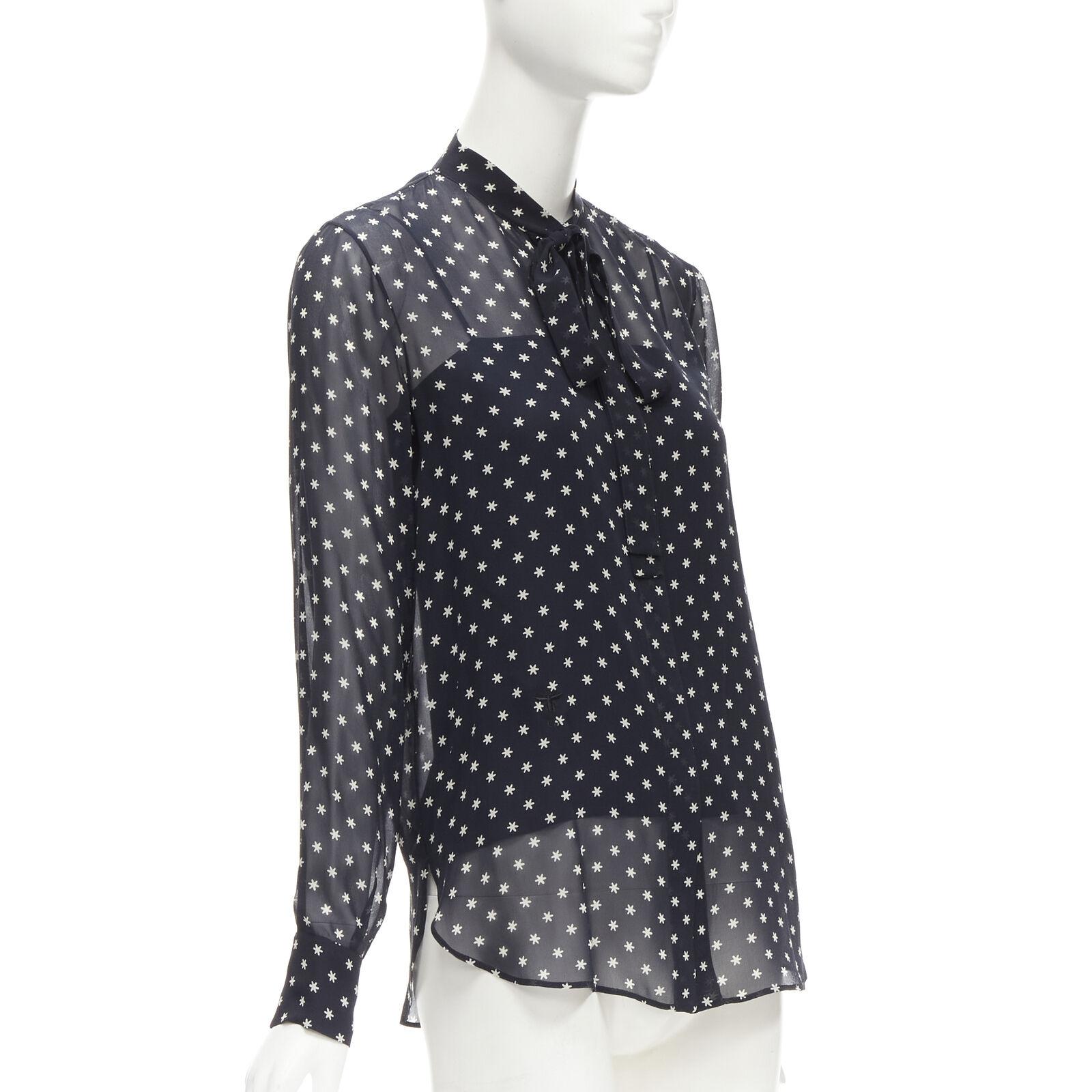 CHRISTIAN DIOR 100% silk navy white star pussy bow blouse shirt FR34 XS In Excellent Condition In Hong Kong, NT