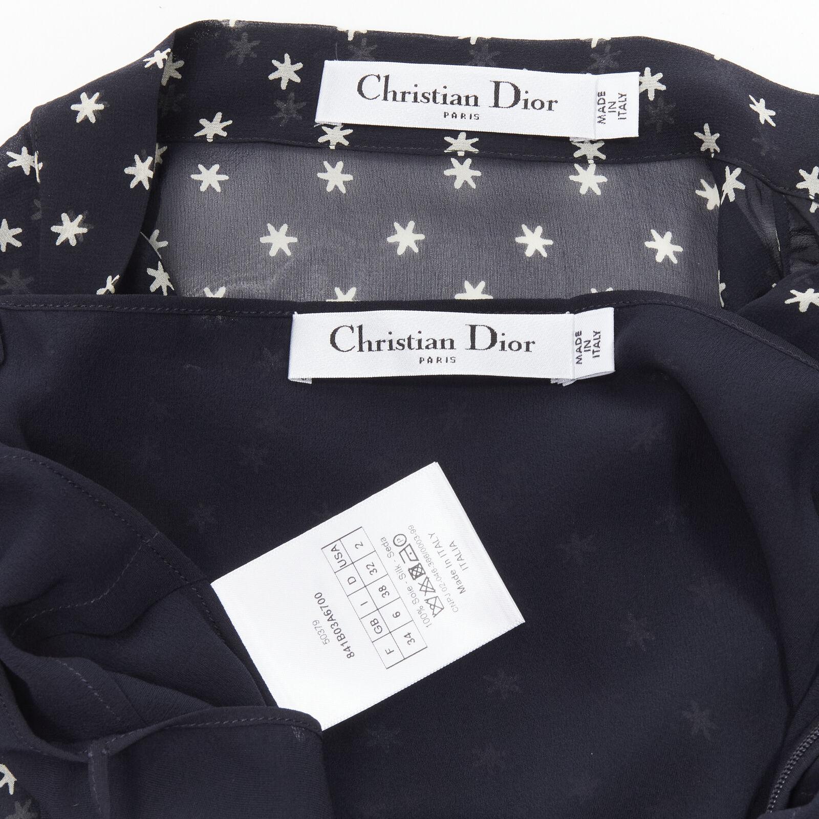 CHRISTIAN DIOR 100% silk navy white star pussy bow blouse shirt FR34 XS 5