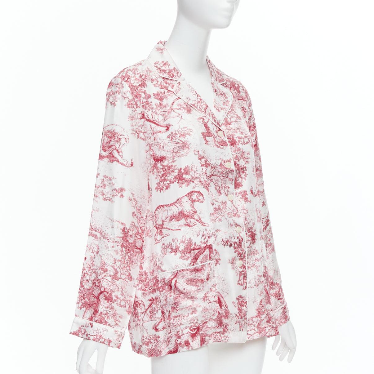 CHRISTIAN DIOR 100% silk red Toile De Jouy animal print pajama shirt FR40 L In Excellent Condition In Hong Kong, NT