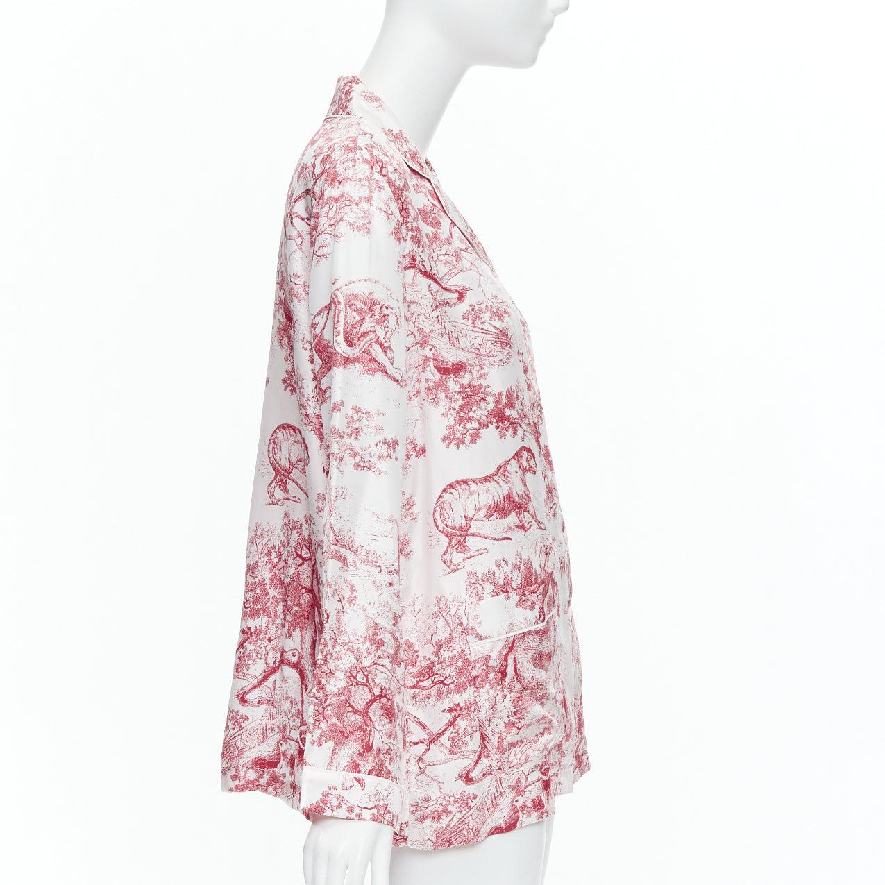 Women's CHRISTIAN DIOR 100% silk red Toile De Jouy animal print pajama shirt FR40 L
