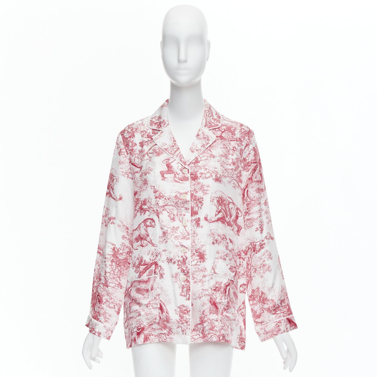 CHRISTIAN DIOR 100% silk red Toile De Jouy animal print pajama shirt FR40 L 5