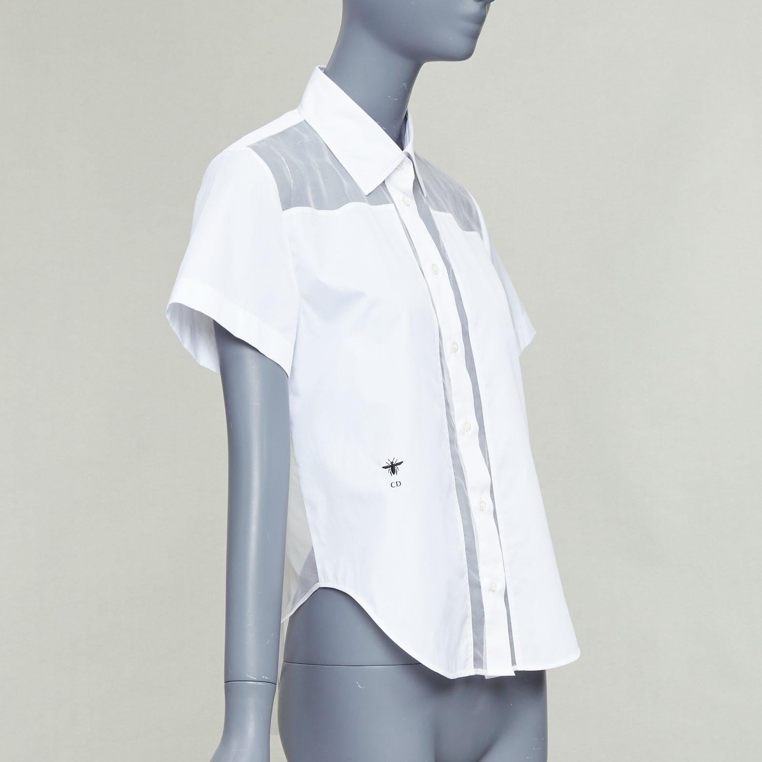 CHRISTIAN DIOR 100% silk white cotton trim sheer panel logo shirt FR34 XS (Grau) im Angebot