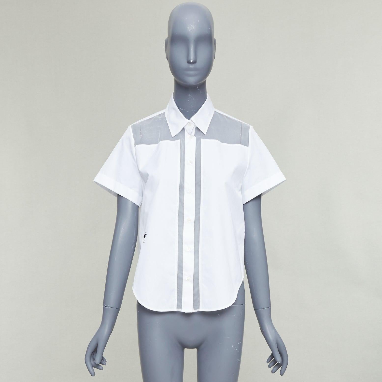 CHRISTIAN DIOR 100% silk white cotton trim sheer panel logo shirt FR34 XS im Angebot 4