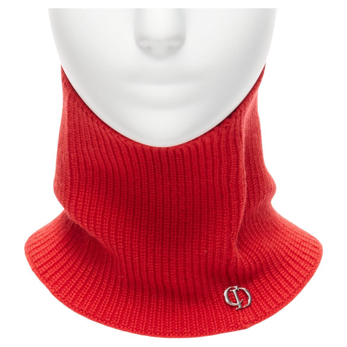 CHRISTIAN DIOR 100% wool red CD logo charm ribbed neck warmer collar For Sale