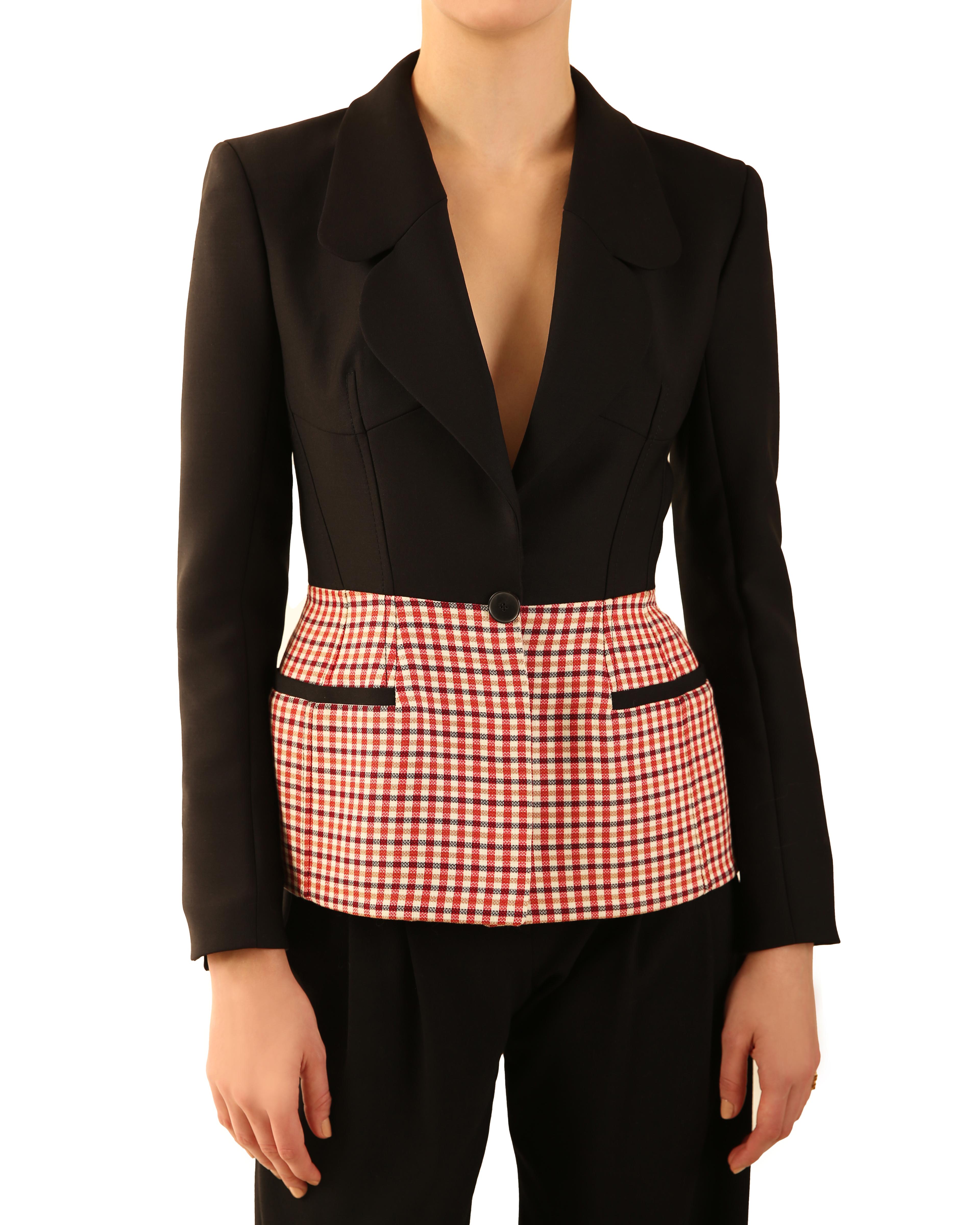 From Christian Dior Resort 2016 a beautifully fitted black blazer with a large oversized collar and checkered print peplum style lower
Check print consists of the colours red, black, white and brown

FREE SHIPPING WORLDWIDE!!!

Composition:
99%
