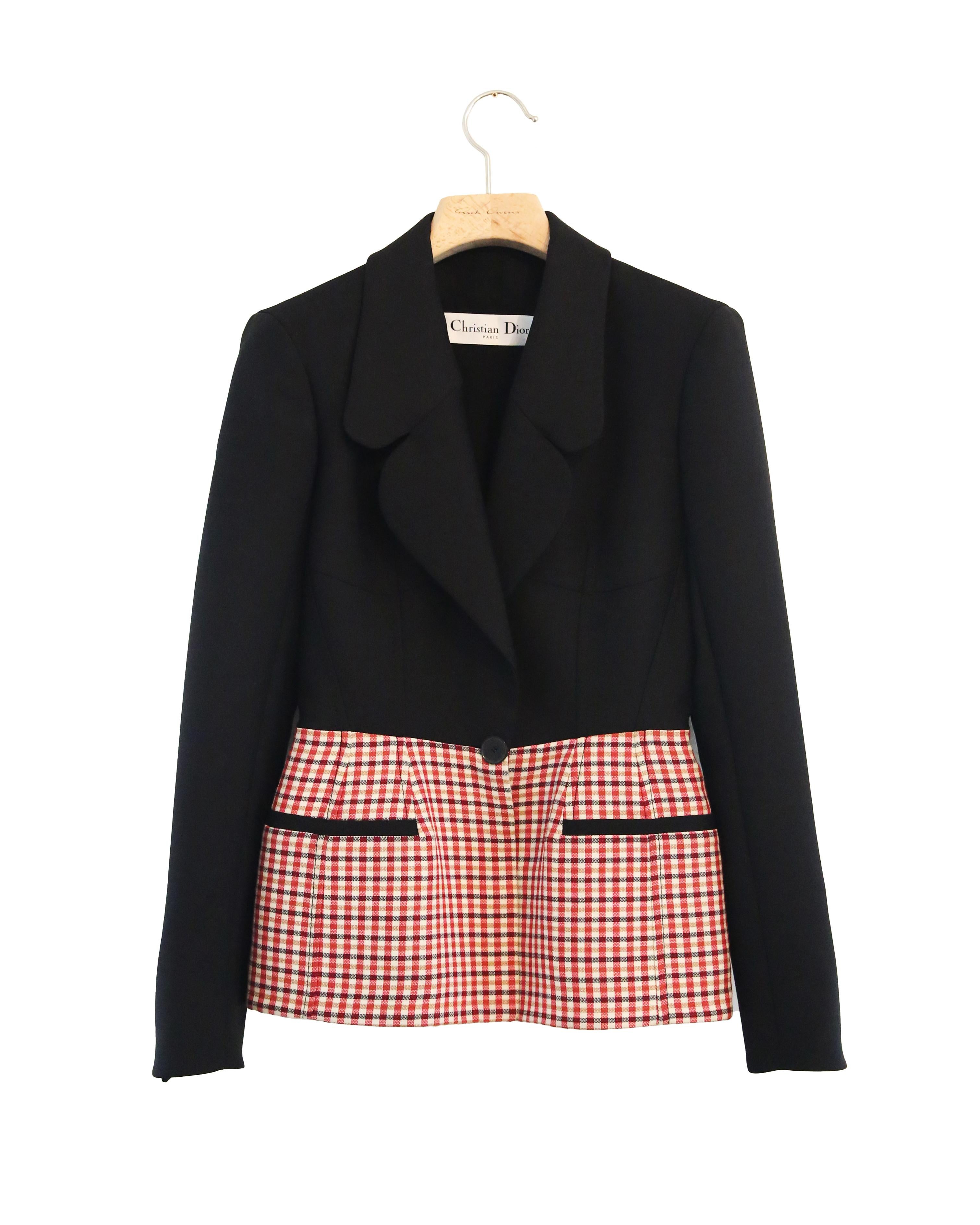 Black Christian Dior 16 black red white gingham check plaid print peplum blazer jacket