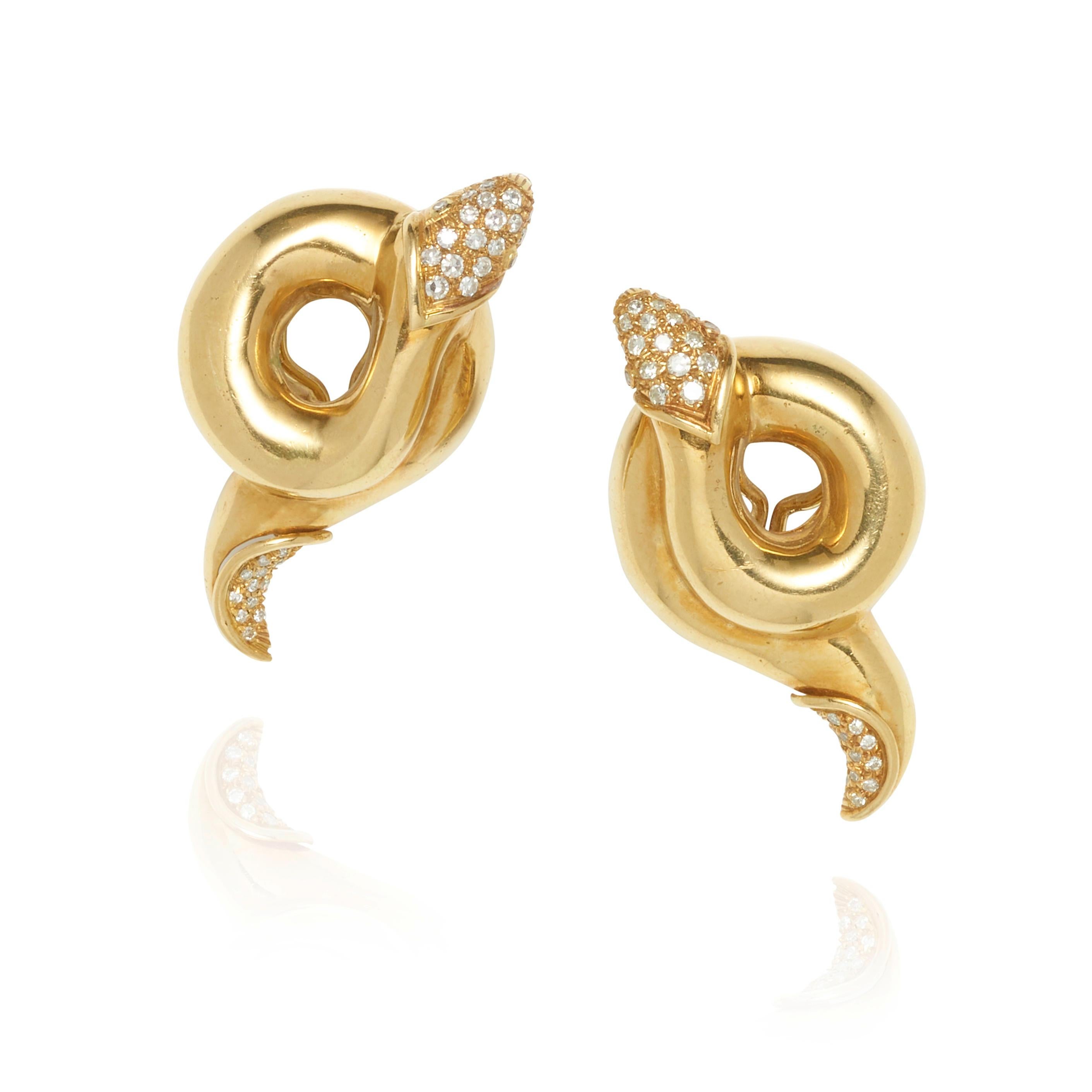 Christian Dior 18k Gold Snake Coil Clip-On Earrings w/ 0.75 Carat Diamond Accent In Good Condition For Sale In Sherman Oaks, CA