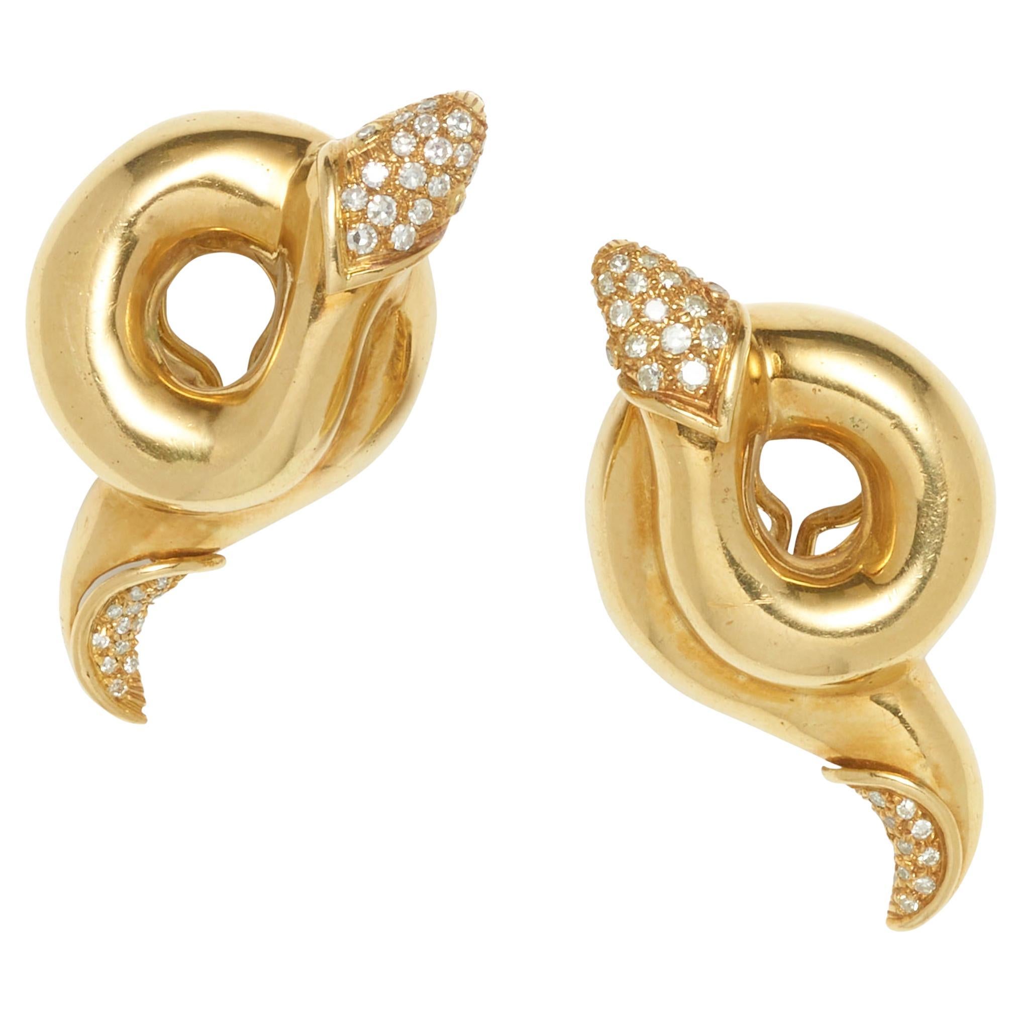 Christian Dior 18k Gold Snake Coil Clip-On Earrings w/ 0.75 Carat Diamond Accent