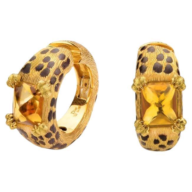 Christian Dior 18 Karat Gelbgold Citrin-Ohrringe mit Leopardenmuster im Angebot